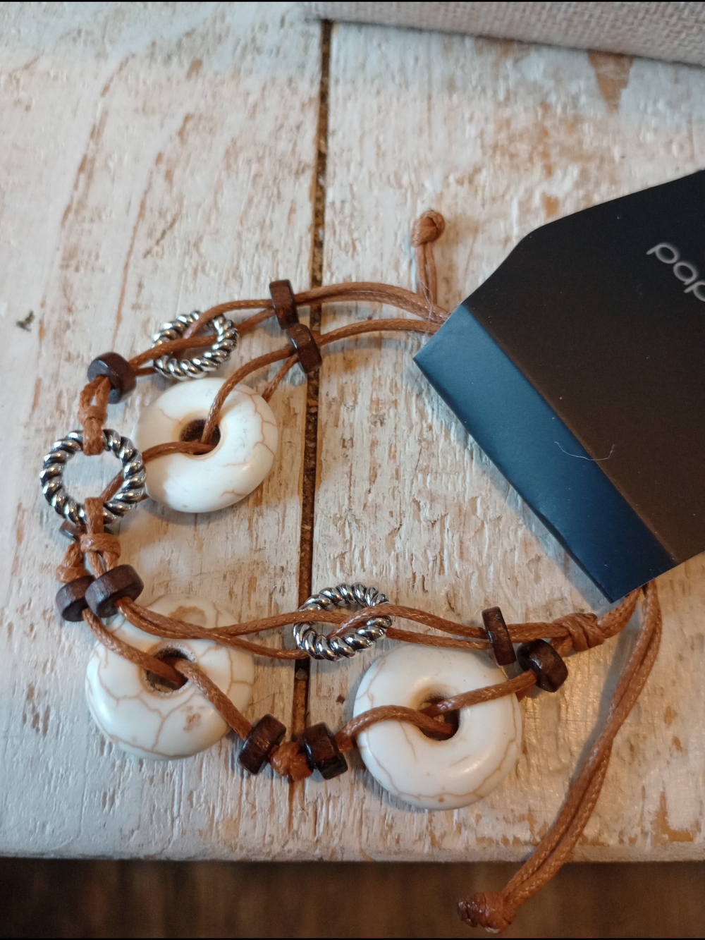 Brown Leather Bracelet with White Stone Beads and Silver Accents